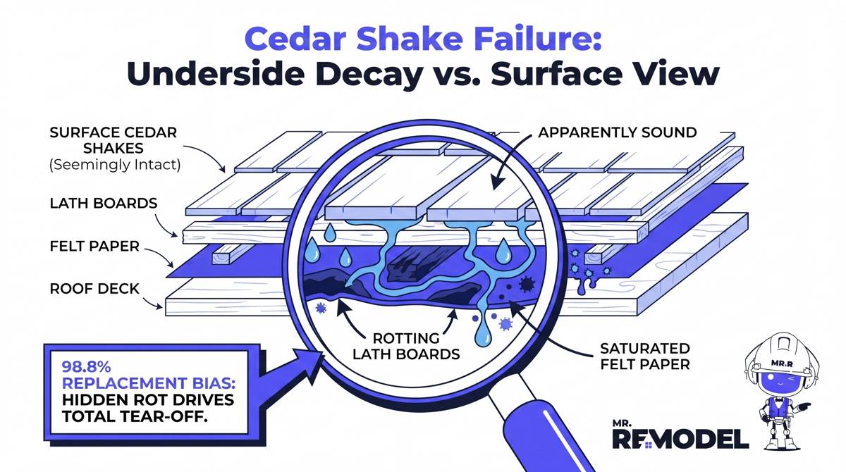 A technical infographic cross-section showing how cedar shake roofs rot from the underside upward due to trapped moisture, validating why full replacement is necessary over spot repairs.